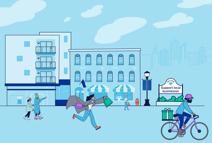 An illustration of community small business and apartment buildings with people on the street walking, biking and shopping local