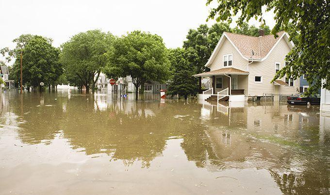 Flooded residential street.