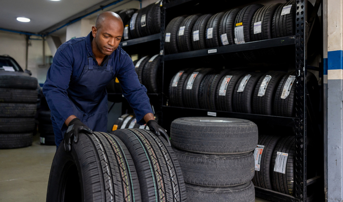 A male mechanic wearing black gloves is pushing a set of two tires with a rack of tires in the background.