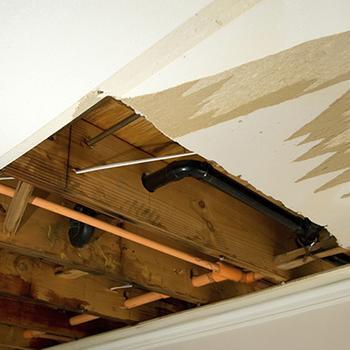 Ceiling water damage and drywall has been cut out.