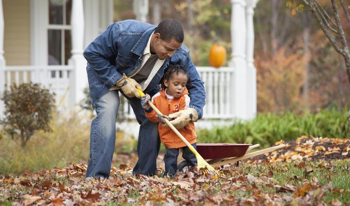 Father helping young daughter rake leaves.
