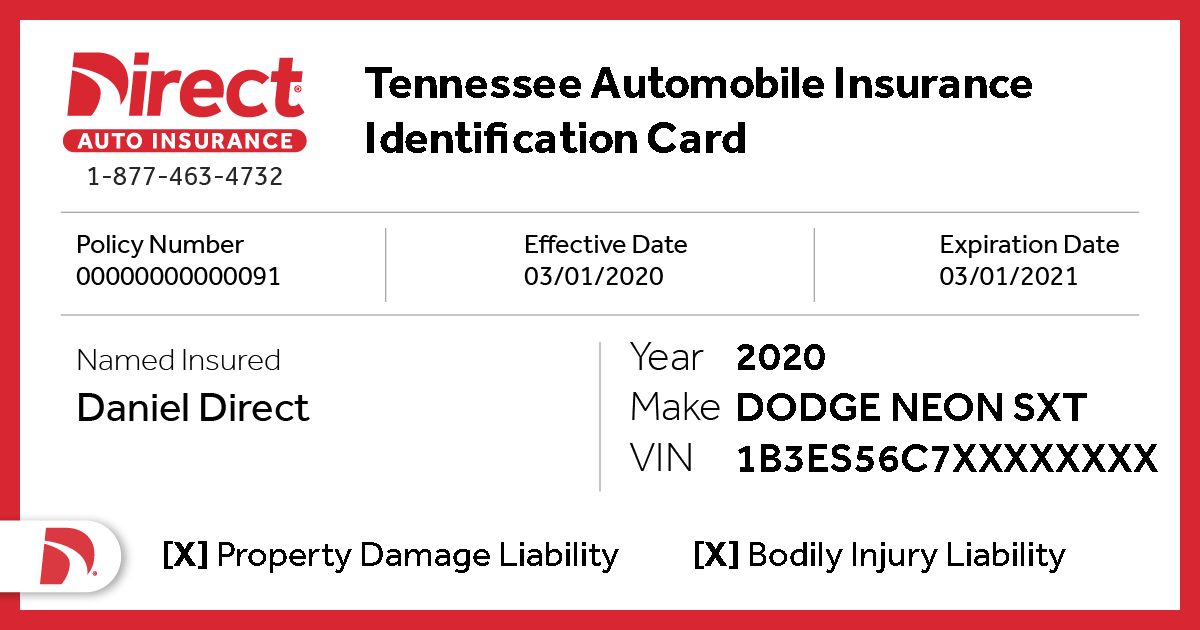 front of Tennessee Proof of Insurance Card