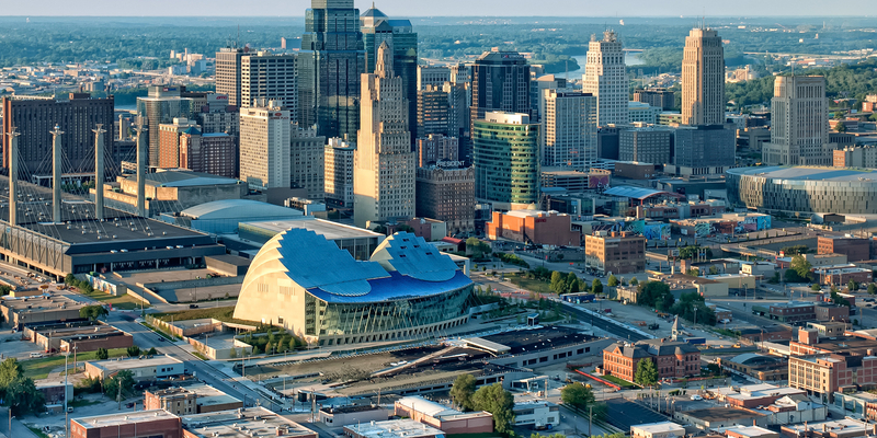 In foreground is new performing arts center; Bartle Hall is to left, Sprint Center is tto right, and Missouri River can be seen in background.