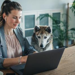 Woman wearing headphones working on her laptop with her dog on the side