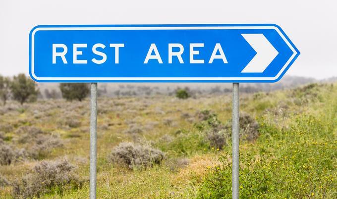 Blue rest area sign in grassy area near road.