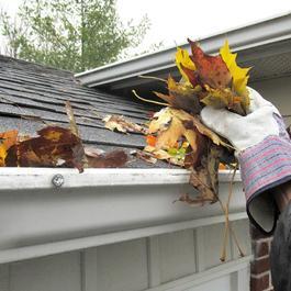 Gloved hand cleaning leaves of gutters.