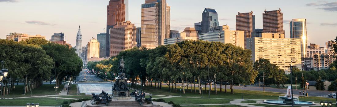 Philadelphia Skyline, Parkway and City Hall at Sunset from Museum Stairs 