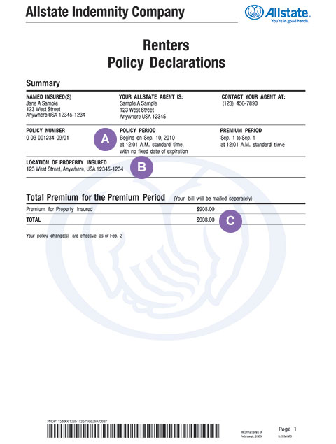 Renters insurance policy declarations page 1
