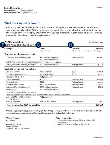 Car Insurance Declarations Page | Allstate Insurance