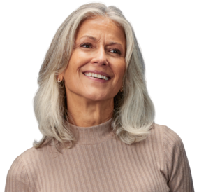 photo of Caucasian woman smiling in a tan shirt looking up