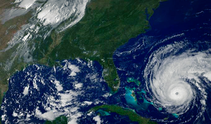 Satellite image of hurricane off Southeast coast of Florida.
