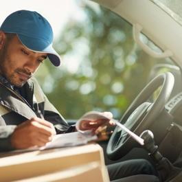 Deliver driver in van writing on a clipboard