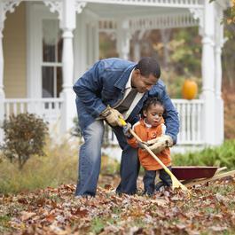 Father helping young daughter rake leaves.