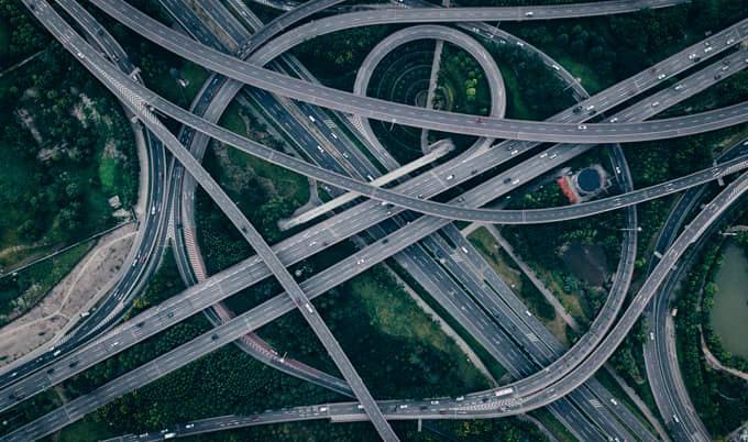 Aerial shot of a highway interchange.